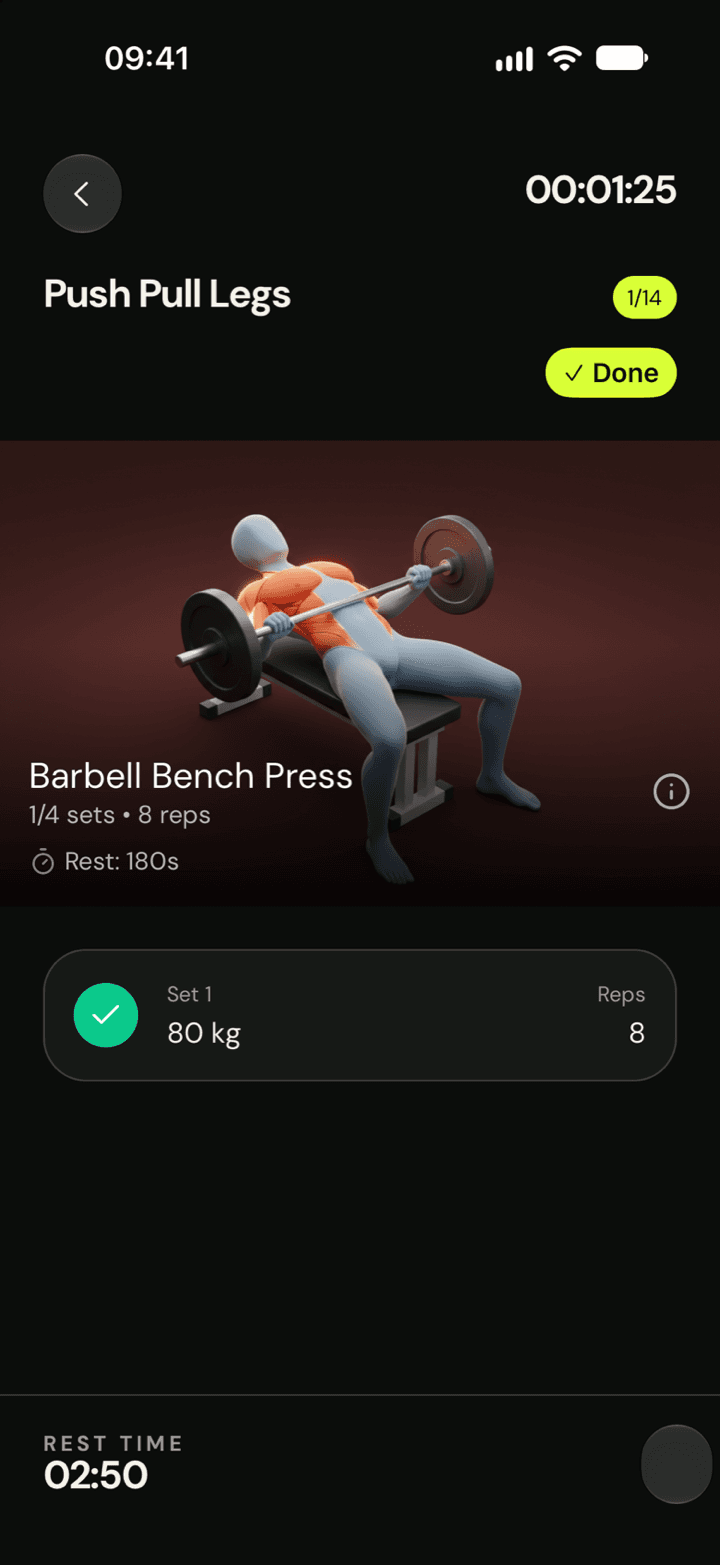 The Ariex workout screen suggesting the next working weight